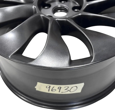 Straight Up Reconditioned Front Alloy Wheel Rim For Tesla Model Y 2020 Through 2025 Slick Satin Black Finish close-up view.