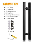 Beefy Matte Black Sliding Barn Door Pull Handle Kit with install tools shown including screwdriver, mounts, and screws.