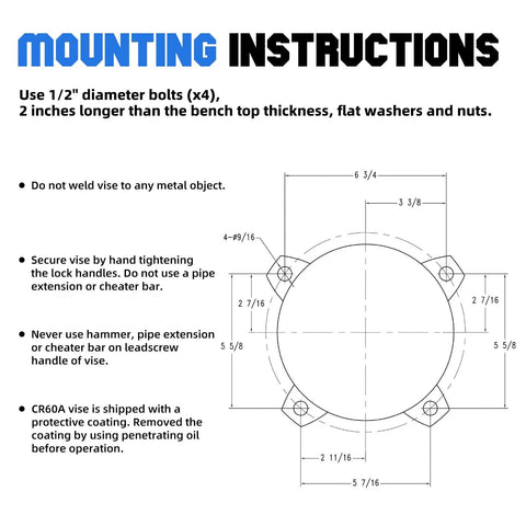Mounting instructions for 8 Inch Heavy Duty Bench Vise With Anvil And 190 Degree Swivel Base, diagram with measurements and guidelines.
