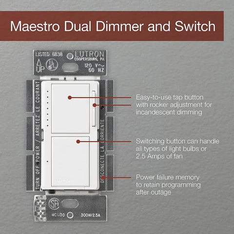 Maestro Dual Digital Dimmer And Switch For Incandescent And Halogen Bulbs 300 Watt diagram with labels