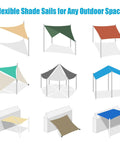Various shapes and colors of flexible shade sails for any outdoor space display, including triangles and rectangles.