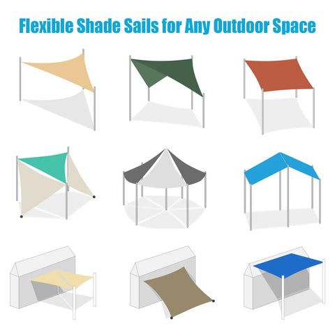 Flexible shade sails for any outdoor space, showcasing various designs and colors for versatile outdoor areas