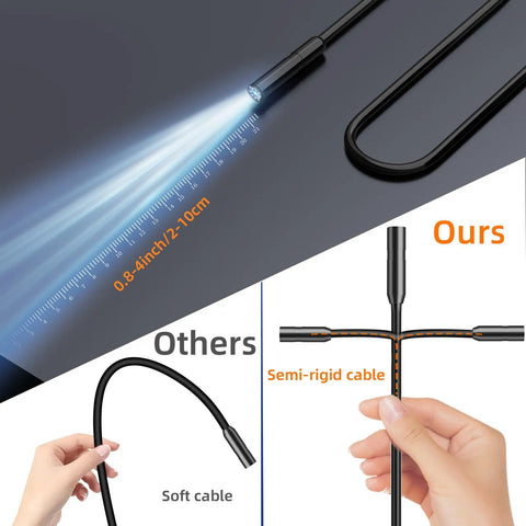 Endoscope Camera With Light 4.3 Inch HD Display 1920P Borescope Snake Inspection IP67 with semi-rigid cable vs soft cable