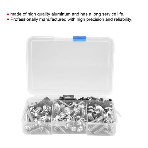 Sportbike Fairing Screw Kit 177 Piece Aluminum M5 M6 Set With M6 Washers organized in clear plastic case