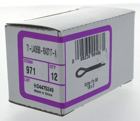 Box of stainless steel cotter pins, labeled 1/8 inch by 2 inch, for mechanical assembly