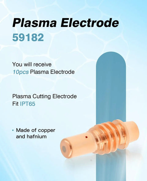 Plasma Cutting Pro Grade Top Notch Consumables Kit 10 59164 Tips 10 59182 Electrodes 1 60389 Shield Cap 1 Swirl Ring 1 Standoff For TI PC65 Torch Compatible with displayed 59182 electrode showing copper hafnium details.