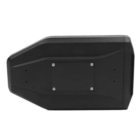 Heavy Duty ABS Motorcycle Side Toolbox Featuring Rugged Stainless Steel Brackets For Secure Tool Stash and Battle Ready Road Warrior Essential Storage Case, side view showing mounting plate.