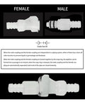 BBTUS white plastic hose-barb inline quick connector with male and female ends; 1/4 inch size (vacuum disconnect)