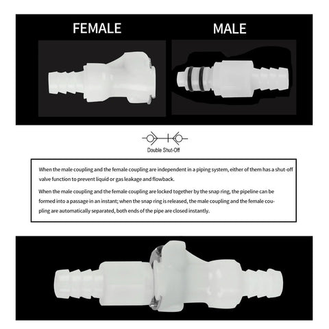 BBTUS white plastic hose-barb inline quick connector with male and female ends; 1/4 inch size (vacuum disconnect)