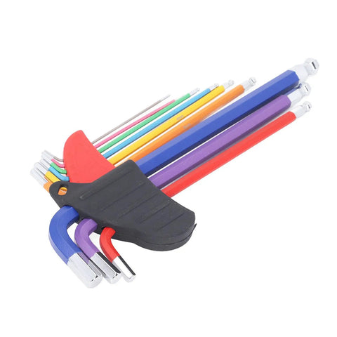 Solid Durability Hex Wrench Set Includes Nine Tough CR V Steel Keys With Anti Slip Texture And Multi Color Coding Plus Precision Chamfered Ends For All Your Furniture Assembly Small Appliance Repair And Heavy Mechanical Work Right Out The Box. 9-piece CRV hex key set in color-coded holder