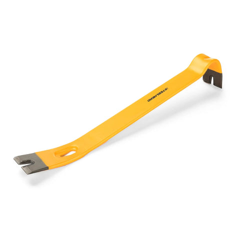 Beefy 15 Inch Flat Pry Bar With Integrated Nail Puller For Demolition, Rust Resistant Enamel Finish in yellow, side view
