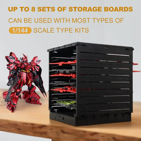 Model Shelf Stand And Plate Organizer For Hobby Kit Builders, Plastic Parts Rack, Tool Storage Caddy For Model Kits And Action Figure Accessories, No Fuss Easy Assembly, PMKJ010 black foldable stand for up to 8 1/144 kits on a workbench