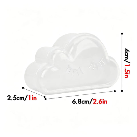 12 Pack Cloud Paperclip Holder With Snug Lid Mini Plastic Desk Organizer, white cloud design with eyelash detail, dimensions shown