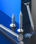 700 Piece 304 Stainless Steel Self Tapping Screws Flat Head Wood And Metal Fasteners Size 6X5X8 Inch Rust Proof Heavy Duty Hardware Bulk Pack displayed on blue surface.