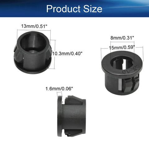 200 Piece Nylon Cable Snap Bushing Kit For Half Inch Holes Heavy Duty Round Grommets with size measurements shown