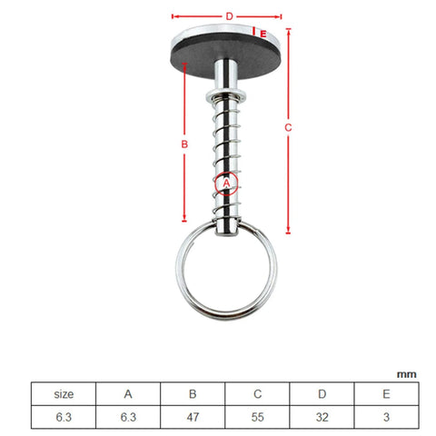 Heyous hatch cover pull handle, stainless steel, front view, spring and hidden pin, 1/4 in dia, 2 in long.