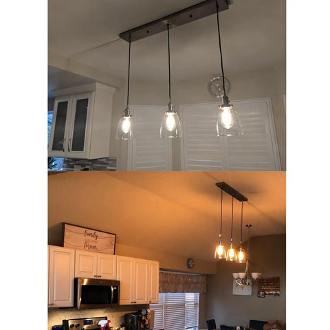 Three Light Industrial Pendant Lighting for Kitchen Island with Oval Clear Glass Shades, Brushed Steel Ceiling Fixture shown installed