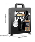 Ten Ton Hydraulic Shop Press With 400 Degree Aluminum Heating Plates And Digital Timer Control For Beefy Benchtop Projects side view with dimensions.