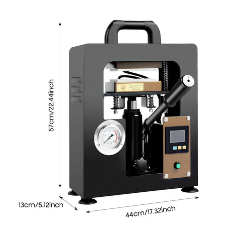 Ten Ton Hydraulic Shop Press With 400 Degree Aluminum Heating Plates And Digital Timer Control For Beefy Benchtop Projects side view with dimensions.