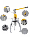 Heavy Duty 5 And 15 Ton Hydraulic Gear Puller Adjustable Jaw Wheel Bearing Separator Kit For Mechanics with silver arms and yellow handle.