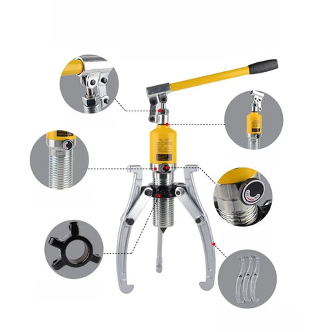 Heavy Duty 5 And 15 Ton Hydraulic Gear Puller Adjustable Jaw Wheel Bearing Separator Kit For Mechanics with silver arms and yellow handle.