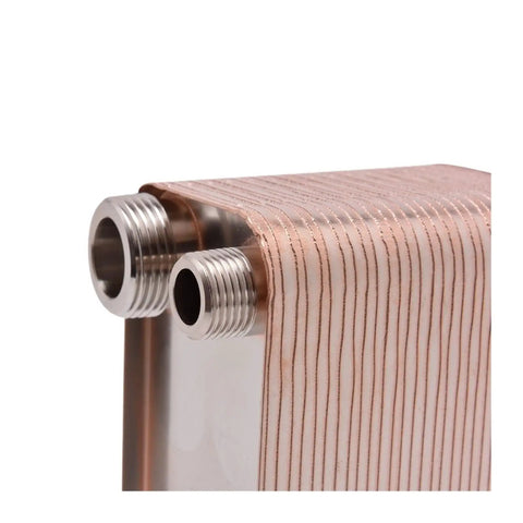 Built Tough Brazed Plate Heat Exchanger For Industrial Air Conditioning And Heat Pump Chillers Stainless Steel Coolant Unit close-up of copper plates and connections.