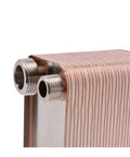 Rock Solid Brazed Plate Heat Exchanger for Industrial Water Chilling and Air Conditioning Systems with Compact Stainless Steel Evaporator Coils close-up of inlet and outlet fittings.