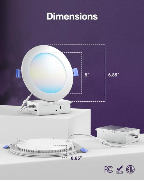 Dimensions of 24 Pack 6 Inch Canless Led Ultra Slim Recessed Lights With Junction Box And Smooth Trim displayed in image.
