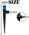 Close-up of 30 Pack Drip Irrigation Emitters With Stakes, 360 Degree Adjustable Fan Sprayers For One Quarter Inch Tubing, size dimensions