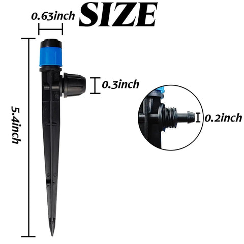 Close-up of 30 Pack Drip Irrigation Emitters With Stakes, 360 Degree Adjustable Fan Sprayers For One Quarter Inch Tubing, size dimensions