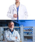 Customizable Lab Coat For Men And Women, Personalize With Icon, Name, And Photo shown on male and female models in lab settings