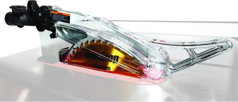 Pro Grade Dust Collection Blade Guard Assembly for table saws, clear plastic with titanium blade and safety features.