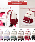 Kids rolling backpack for school with wheels trolley bag, durable aluminum frame, lightweight design, adjustable straps, multiple compartments.