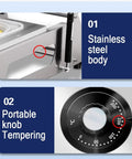 Close-up of stainless steel body and portable knob tempering on Rock Solid Semi Automatic Tray Food Sealer for Restaurants.