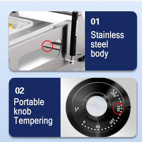 Close-up of stainless steel body and portable knob tempering on Rock Solid Semi Automatic Tray Food Sealer for Restaurants.