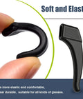 Close-up of black silicone eyeglass ear grip showing flexibility, labeled 'Soft and Elastic', for various glasses.