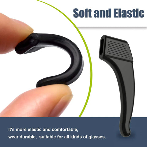Close-up of black silicone eyeglass ear grip showing flexibility, labeled 'Soft and Elastic', for various glasses.