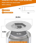 Diagram showing 19.5 inch heat deflector dimensions for Bonfire 1.0 and 2.0, 304 stainless steel, detachable camping essential.