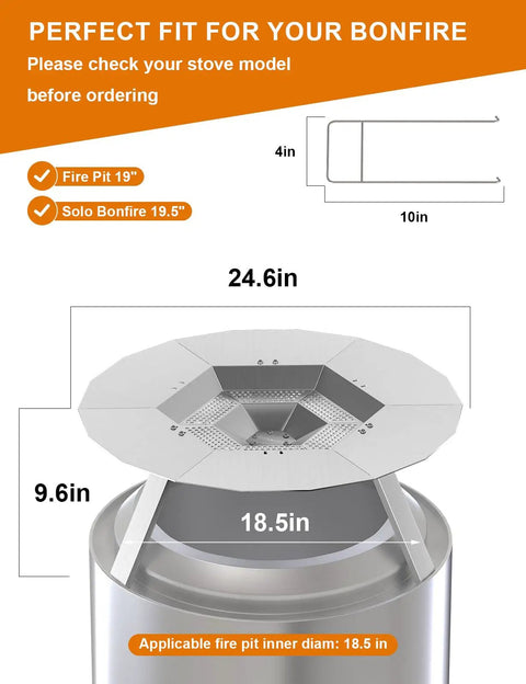 Diagram showing 19.5 inch heat deflector dimensions for Bonfire 1.0 and 2.0, 304 stainless steel, detachable camping essential.