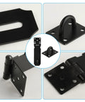 Rock Solid Five Inch Black Stainless Steel Padlock Hasp Door Latch Lock Built Different With Sleek Polish For Quick Zero Drama Install viewed from multiple angles.