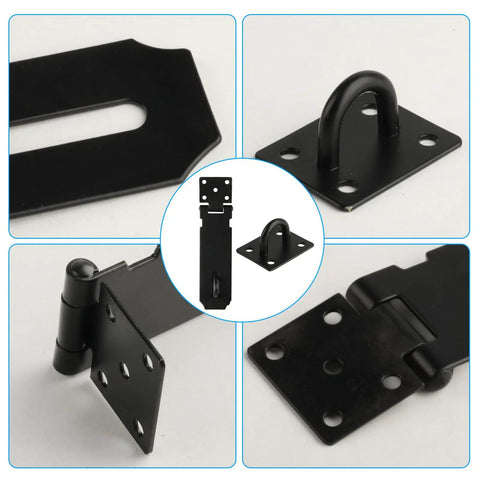 Rock Solid Five Inch Black Stainless Steel Padlock Hasp Door Latch Lock Built Different With Sleek Polish For Quick Zero Drama Install viewed from multiple angles.