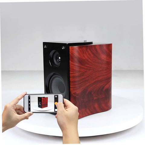 Stunning White Motorized Rotating Display Stand With Mirror Finish Turntable For Jewelry Watches Digital Gadgets And Collectibles 5Kg Capacity Smooth Spinning Showcase For Photography Retail Stores with speaker