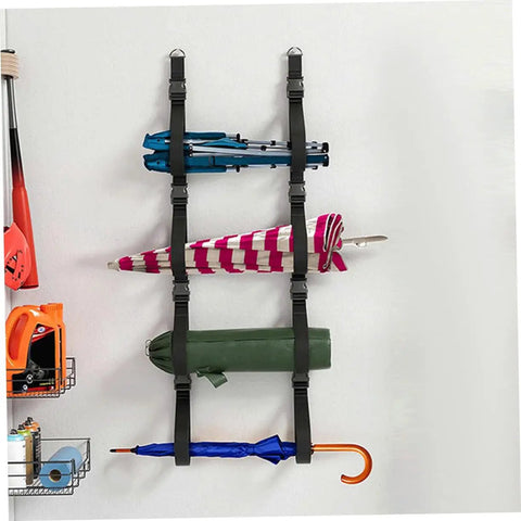 Heavy Duty Adjustable Wall Storage Straps For Garage Organization Rock Solid Wall Mount System holding umbrellas and gear on wall.