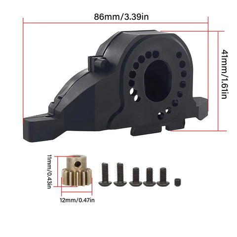 Beefed Up 2 Speed RC Crawler Transmission Gearbox With Servo Upgrade Kit, shown with metal gear, screws, and dimensions