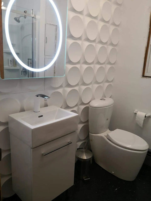 Bathroom with White 3D Wall Panels Moon Surface Design Set Of 12 Tiles Covering 32 Sq Ft, waterproof and paintable decor.