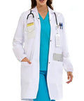 White Women's Lab Coat With Quick Release Snap Closure, Durable Machine Washable Lab Jacket For Medical Pros And Mad Scientists