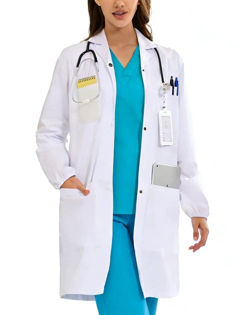 White Women's Lab Coat With Quick Release Snap Closure, Durable Machine Washable Lab Jacket For Medical Pros And Mad Scientists