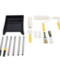 Pro Grade Paint Roller Kit Featuring Bend Resistant Stainless Steel Rods And A Nifty Drip Free Metal Tray with rollers and tools.