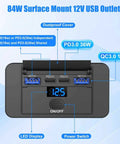 Slick 2 Pack 12V USB Outlet With Voltmeter And Four Fast Charging Ports PD 36W QC 18W surface mount charger showing LED display and ports.