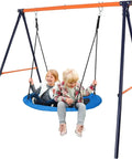 Built Tough Heavy Duty A Frame Swing Stand For Your Backyard With 440 Lbs Weight Capacity Durable Powder Coated Steel Frame Great For Hammock Chairs And Swing Sets supporting children on a blue swing.